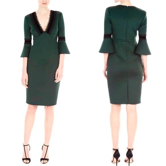 NWT BADGLEY MISCHKA Dress VELVET & LACE TRIM Emerald Green Size 10 - $420 MSRP - Picture 1 of 6